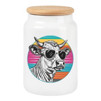 Vache au look néon rétro avec lunettes de soleil - Boîte à biscuits avec couvercle en bois - blanc - Devant