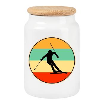 Retro Skier Silhouette Vintage Winter Sports Art - Cookie Jar with Wooden Lid - white - Front