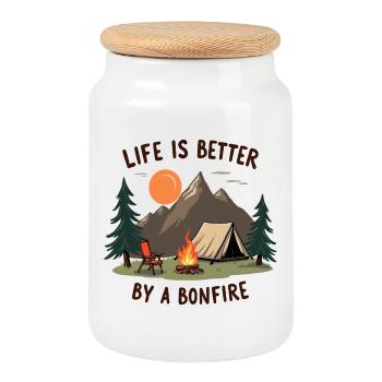 La vie est meilleure lors d’une aventure de camping autour d’un feu de joie - Boîte à biscuits avec couvercle en bois - blanc - Devant