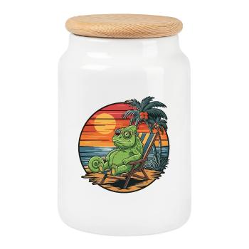 Caméléon drôle sur la plage Coucher de soleil des vacances d’été - Boîte à biscuits avec couvercle en bois - blanc - Devant