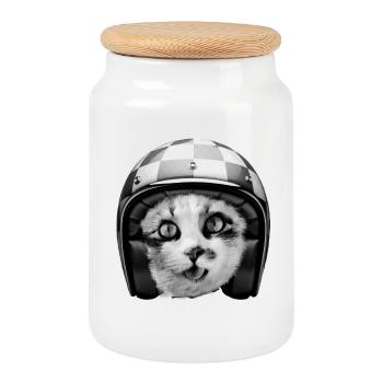 Casque de course de chat motard - Humour drôle d’animaux de compagnie - Boîte à biscuits avec couvercle en bois - blanc - Devant