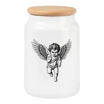 Klassischer Cherub mit großen Flügeln - Keksdose mit Holzdeckel - Weiß - Vorne