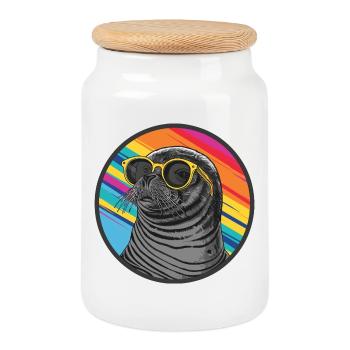 Bunter Seehund mit Sonnenbrille - Keksdose mit Holzdeckel - Weiß - Vorne