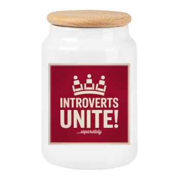 Introvertierte vereinen, serparately – Lustiger Introvertierter - Keksdose mit Holzdeckel - Weiß - Vorne
