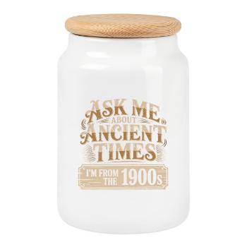 Ask me about Ancient Times, I'm from the 1900s - Cookie Jar with Wooden Lid - white - Front