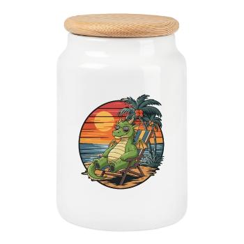 Lustiger Drache am Strand, Sommerurlaub Sonnenuntergang - Keksdose mit Holzdeckel - Weiß - Vorne