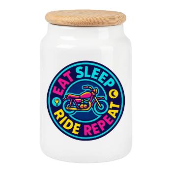 Eat Sleep Ride Repeat - Motorcycle - Biker - Cookie Jar with Wooden Lid - white - Front