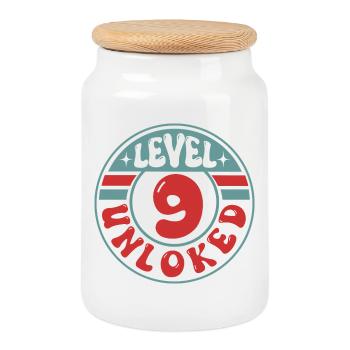 Level 9 Unlocked – Gamer Geburtstagsdesign - Keksdose mit Holzdeckel - Weiß - Vorne