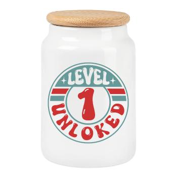 Level 1 Unlocked – Cooles Gamer Design - Keksdose mit Holzdeckel - Weiß - Vorne