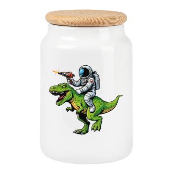 Astronaut on Dino: Laser Hunt - Cookie Jar with Wooden Lid - white - Front