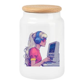 Retro Gamer Girl im Neonstil - Keksdose mit Holzdeckel - Weiß - Vorne