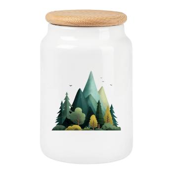 Mountain & Forest – Outdoor Nature Pattern - Cookie Jar with Wooden Lid - white - Front