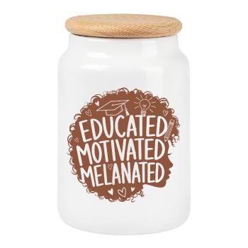 Educated Motivated Melanated Curly Hair Woman - Cookie Jar with Wooden Lid - white - Front