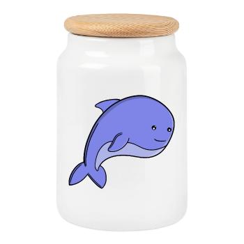 Dessin animé de poisson bleu mignon, dauphin de Kawaii ou marsouin - Boîte à biscuits avec couvercle en bois - blanc - Devant