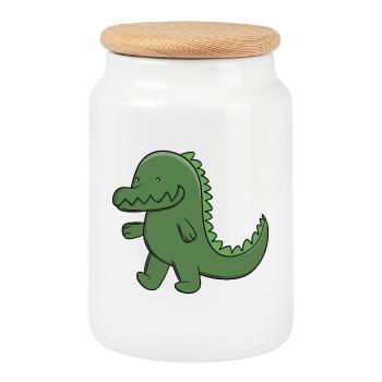 Cute Green Alligator Happy Kawaii Crocodile - Cookie Jar with Wooden Lid - white - Front