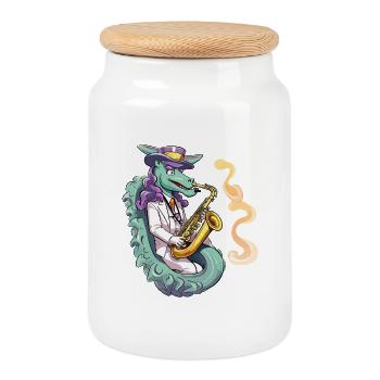 Saxophoniste dragon en smoking - Boîte à biscuits avec couvercle en bois - blanc - Devant