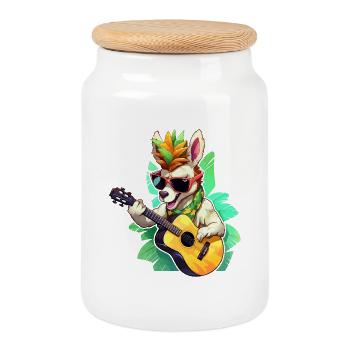 Llama with guitar in the tropics - Cookie Jar with Wooden Lid - white - Front