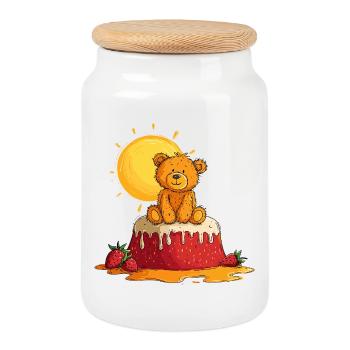 Ours en peluche sur gâteau avec le soleil - Boîte à biscuits avec couvercle en bois - blanc - Devant