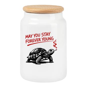 Schildkröte Raucht Forever Young - Keksdose mit Holzdeckel - Weiß - Vorne