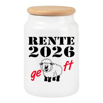Rente 2026 , geschafft - Keksdose mit Holzdeckel - Weiß - Vorne