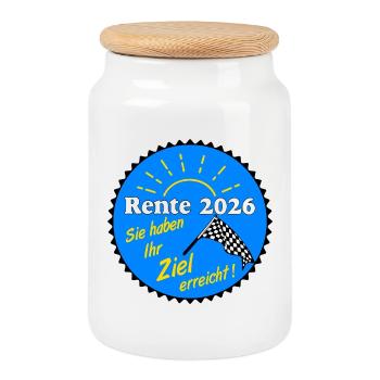 Rente 2026 , Ziel erreicht - Keksdose mit Holzdeckel - Weiß - Vorne