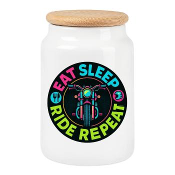 Eat Sleep Ride Repeat - Motorcycle - Biker - Cookie Jar with Wooden Lid - white - Front