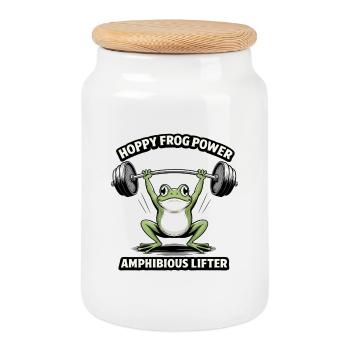Hoppy Frog Power – Lustiger Fitness Frosch - Keksdose mit Holzdeckel - Weiß - Vorne
