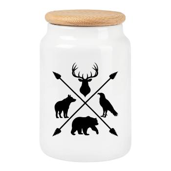 Forest Animals Wilderness Deer Wolf Bear Arrows - Cookie Jar with Wooden Lid - white - Front