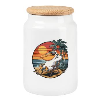 Funny Pelican on Beach Summer Vacation Sunset - Cookie Jar with Wooden Lid - white - Front