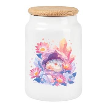 Sleeping hedgehog in the crystal garden - Cookie Jar with Wooden Lid - white - Front