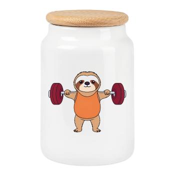 Paresseux faisant de la musculation à la salle de sport Résolutions paresseuses - Boîte à biscuits avec couvercle en bois - blanc - Devant