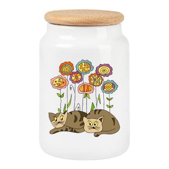 Cats - Cookie Jar with Wooden Lid - white - Front