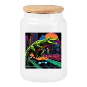 Pixel Art Crocodile – Synthwave rétro skater - Boîte à biscuits avec couvercle en bois - blanc - Devant