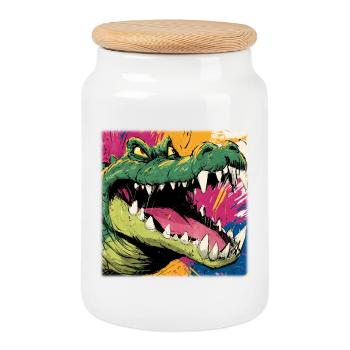 Giftgrünes Krokodil – Street Art Monster Design - Keksdose mit Holzdeckel - Weiß - Vorne