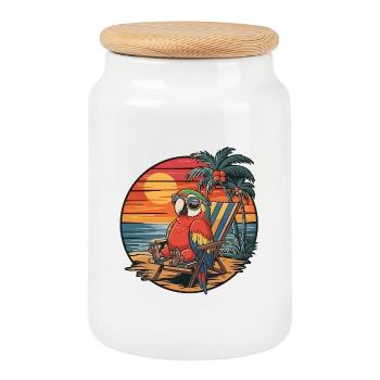 Lustiger Papagei am Strand, Sommerurlaub Sonnenuntergang - Keksdose mit Holzdeckel - Weiß - Vorne