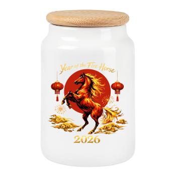 Cadeau familial du Cheval du Nouvel An chinois 2026 - Boîte à biscuits avec couvercle en bois - blanc - Devant