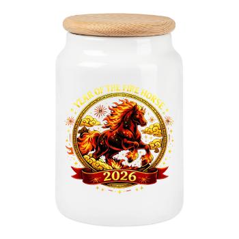Vintage Chinese Zodiac Horse Shirt 2026 - Cookie Jar with Wooden Lid - white - Front
