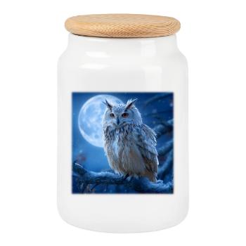 Snowy Owl in the Full Moon: Magical Winter Night - Cookie Jar with Wooden Lid - white - Front