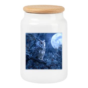 Snowy Owl Full Moon Night Magical Winter Night - Cookie Jar with Wooden Lid - white - Front