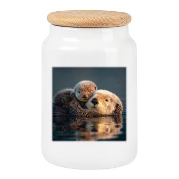 La loutre aime la mère et le bébé sur l’eau - Boîte à biscuits avec couvercle en bois - blanc - Devant