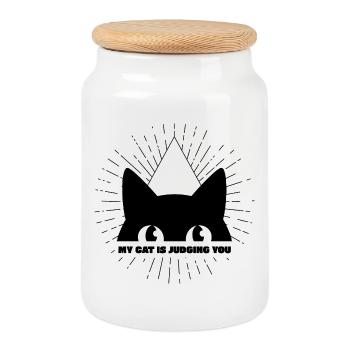 MON CHAT TE JUGE - Boîte à biscuits avec couvercle en bois - blanc - Devant