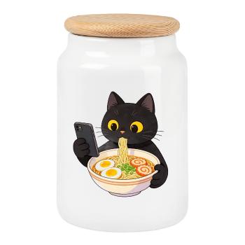 Black cat with smartphone and ramen noodles - Cookie Jar with Wooden Lid - white - Front