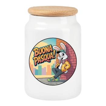 Joyeuses Pâques Urban Rabbit - Boîte à biscuits avec couvercle en bois - blanc - Devant