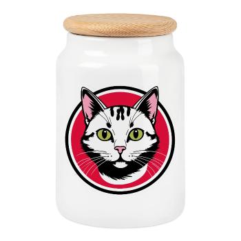Katzengesicht Emblem im Rotkreis - Keksdose mit Holzdeckel - Weiß - Vorne