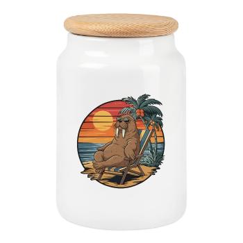Lustiger Walross am Strand, Sommerurlaub Sonnenuntergang - Keksdose mit Holzdeckel - Weiß - Vorne