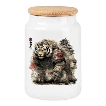 Tiger Samurai Armor in front of castle - Cookie Jar with Wooden Lid - white - Front