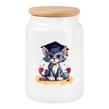 Chat de remise des diplômes avec bonnet de remise des diplômes - Boîte à biscuits avec couvercle en bois - blanc - Devant