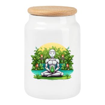Roboten-Meditation im Dschungel - Keksdose mit Holzdeckel - Weiß - Vorne