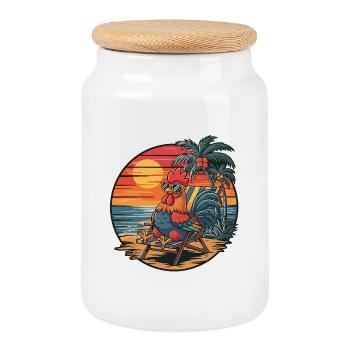 Funny Rooster on Beach Summer Vacation Sunset - Cookie Jar with Wooden Lid - white - Front