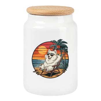 Drôle de chien samoyède sur le coucher de soleil des vacances d’été sur la plage - Boîte à biscuits avec couvercle en bois - blanc - Devant